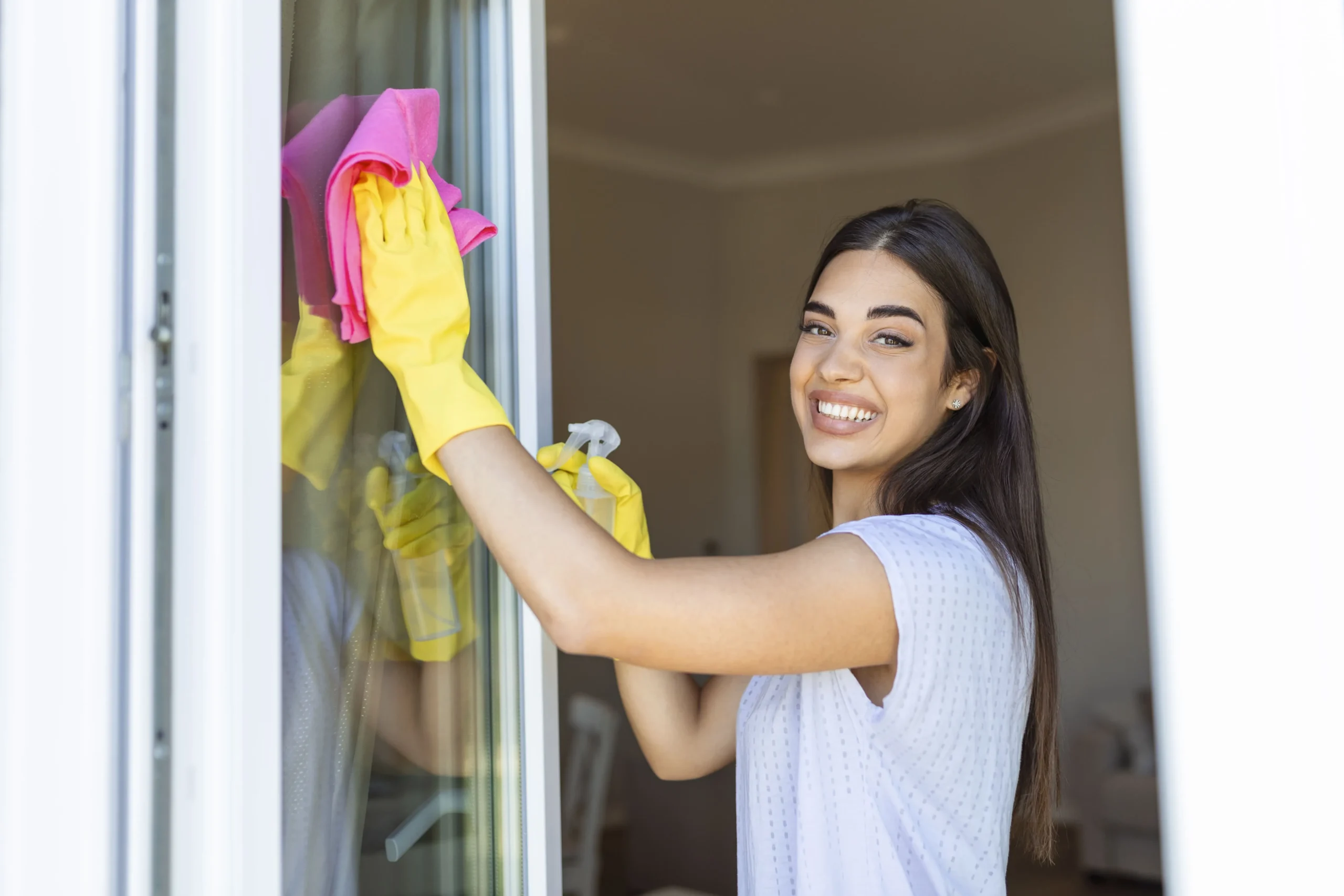 About Us 3 A female cleaner wiping a glass door with a pink cloth and spray, providing deep cleaning services in a Kuwaiti apartment.